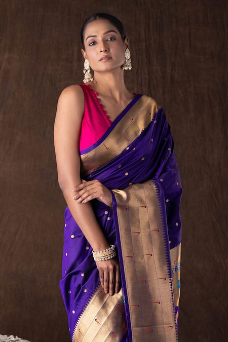 Shop_Zal From Benaras_Purple Silk Zari, Tassels, Embroidery Pure Banarasi Handloom Saree Set _Online_at_Aza_Fashions