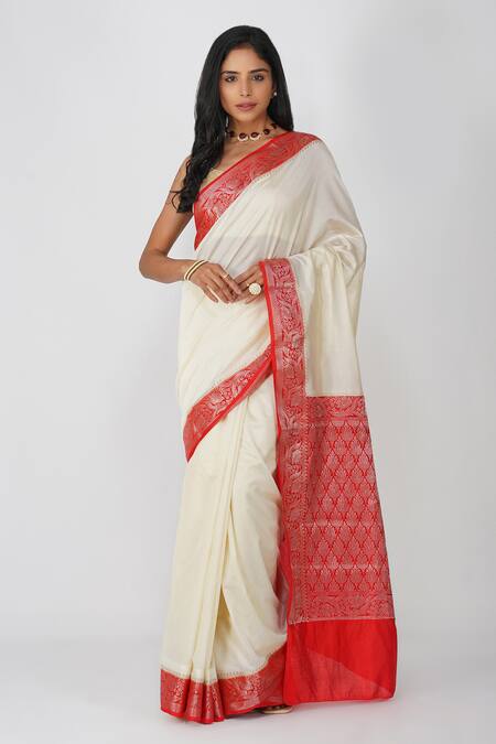 Shop Zal From Benaras White Silk Embroidery Pure Banarasi Saree Set Online at Aza Fashions Shop_Zal From Benaras_White Silk Embroidery Pure Banarasi Saree Set_Online_at_Aza_Fashions
