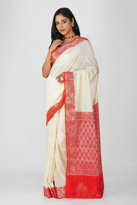 Zal From Benaras White Silk Embroidery Pure Banarasi Saree Set at Aza Fashions Zal From Benaras_White Silk Embroidery Pure Banarasi Saree Set_at_Aza_Fashions