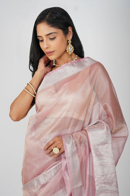 Shop Zal From Benaras Pink Tissue, Silk Zari Light Banarasi Saree Set Online at Aza Fashions Shop_Zal From Benaras_Pink Tissue, Silk Zari Light Banarasi Saree Set_Online_at_Aza_Fashions