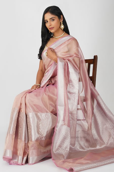 Zal From Benaras Pink Tissue, Silk Zari Light Banarasi Saree Set at Aza Fashions Zal From Benaras_Pink Tissue, Silk Zari Light Banarasi Saree Set_at_Aza_Fashions