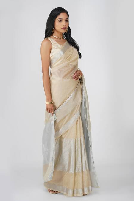 Zal From Benaras_Beige Tissue, Silk Zari Banarasi Saree Set _Online_at_Aza_Fashions