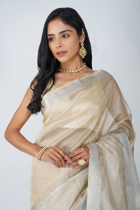 Buy_Zal From Benaras_Beige Tissue, Silk Zari Banarasi Saree Set _Online_at_Aza_Fashions