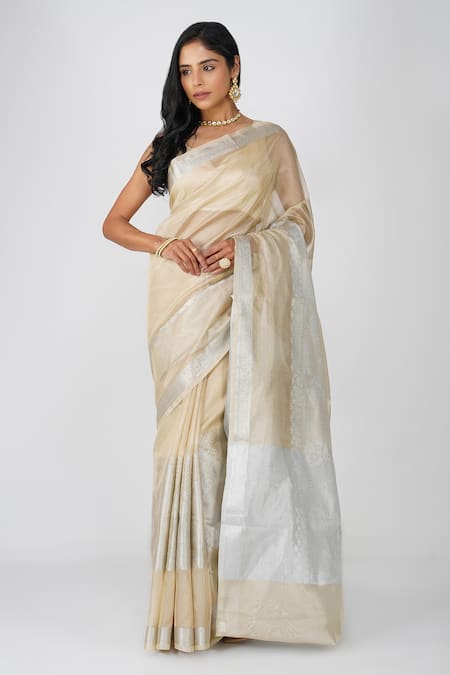 Shop_Zal From Benaras_Beige Tissue, Silk Zari Banarasi Saree Set _Online_at_Aza_Fashions
