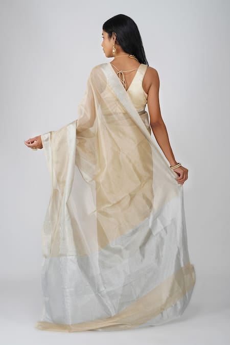 Zal From Benaras Beige Tissue Zari Silk Banarasi Saree Set 