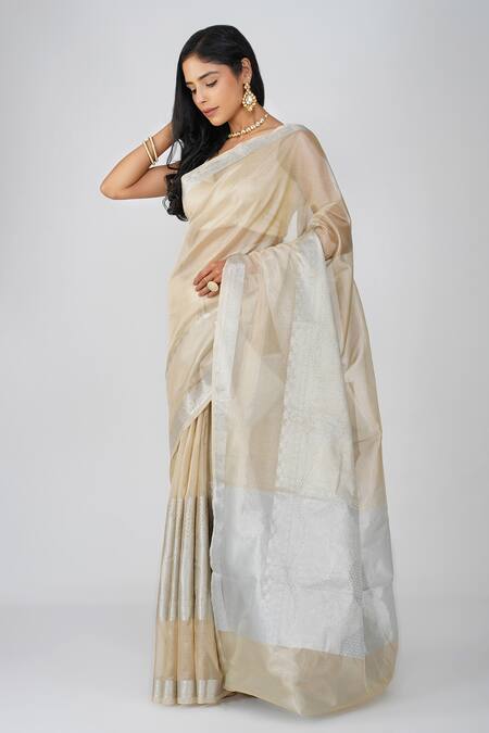 Zal From Benaras_Beige Tissue, Silk Zari Banarasi Saree Set _at_Aza_Fashions