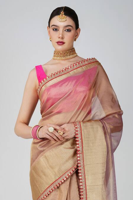 Zal From Benaras Pink Tissue, Silk Lace Banarasi Handloom Saree Set Online at Aza Fashions Zal From Benaras_Pink Tissue, Silk Lace Banarasi Handloom Saree Set_Online_at_Aza_Fashions