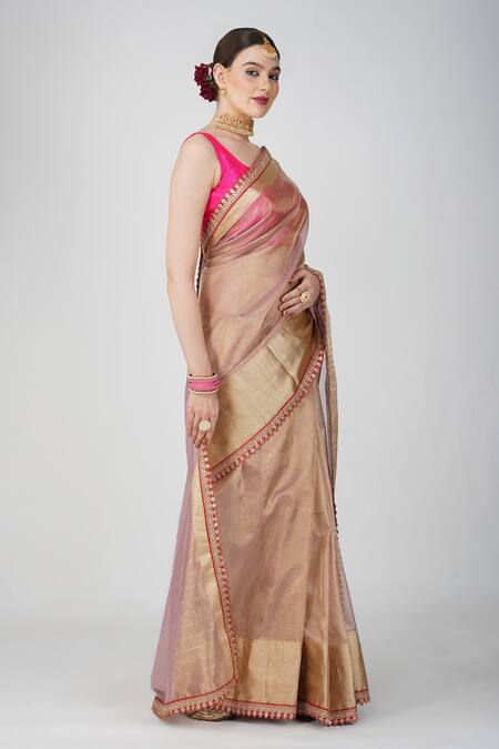 Shop Zal From Benaras Pink Tissue, Silk Lace Banarasi Handloom Saree Set Online at Aza Fashions Shop_Zal From Benaras_Pink Tissue, Silk Lace Banarasi Handloom Saree Set_Online_at_Aza_Fashions