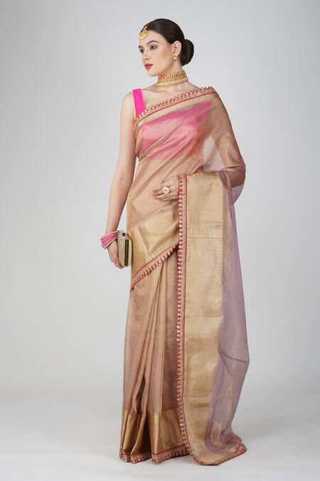 Zal From Benaras Pink Tissue, Silk Lace Banarasi Handloom Saree Set at Aza Fashions Zal From Benaras_Pink Tissue, Silk Lace Banarasi Handloom Saree Set_at_Aza_Fashions