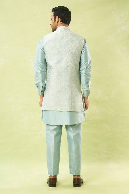 Shop Arihant Rai Sinha Blue Jacquard, Silk Embroidery Floral Jaal Woven Bundi Kurta Set at Aza Fashions Shop_Arihant Rai Sinha_Blue Jacquard, Silk Embroidery Floral Jaal Woven Bundi Kurta Set_at_Aza_Fashions
