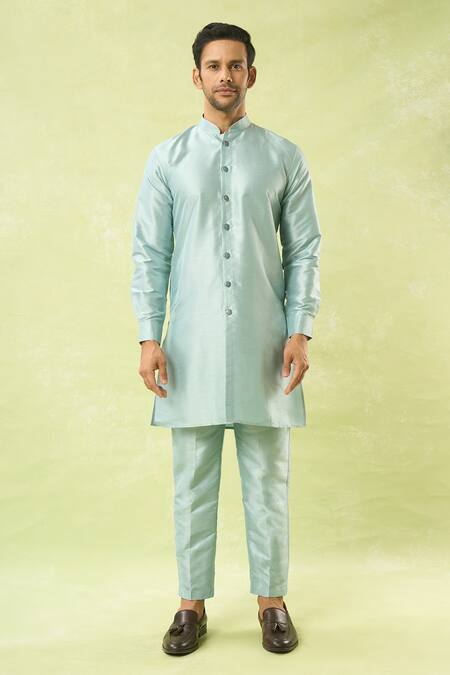 Arihant Rai Sinha Blue Jacquard, Silk Embroidery Floral Jaal Woven Bundi Kurta Set Online at Aza Fashions Arihant Rai Sinha_Blue Jacquard, Silk Embroidery Floral Jaal Woven Bundi Kurta Set_Online_at_Aza_Fashions