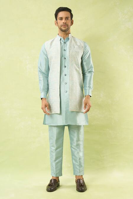 Buy Arihant Rai Sinha Blue Jacquard, Silk Embroidery Floral Jaal Woven Bundi Kurta Set Online at Aza Fashions Buy_Arihant Rai Sinha_Blue Jacquard, Silk Embroidery Floral Jaal Woven Bundi Kurta Set_Online_at_Aza_Fashions
