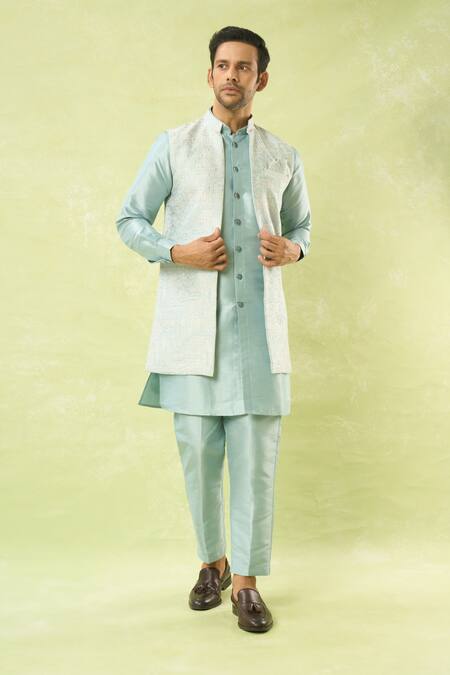 Shop Arihant Rai Sinha Blue Jacquard, Silk Embroidery Floral Jaal Woven Bundi Kurta Set Online at Aza Fashions Shop_Arihant Rai Sinha_Blue Jacquard, Silk Embroidery Floral Jaal Woven Bundi Kurta Set_Online_at_Aza_Fashions