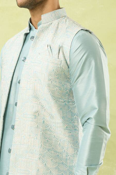 Arihant Rai Sinha Blue Jacquard, Silk Embroidery Floral Jaal Woven Bundi Kurta Set at Aza Fashions Arihant Rai Sinha_Blue Jacquard, Silk Embroidery Floral Jaal Woven Bundi Kurta Set_at_Aza_Fashions