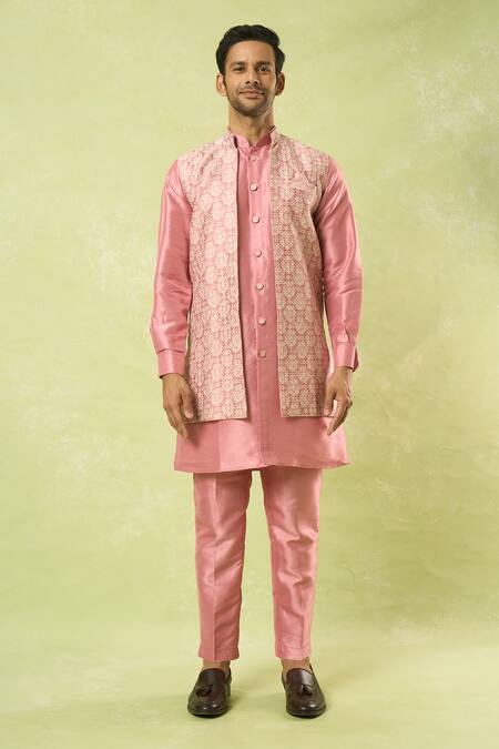 Buy Arihant Rai Sinha Pink Jacquard, , Satin, Polyester Bloom Jaal Woven Bundi Kurta Set Online at Aza Fashions Buy_Arihant Rai Sinha_Pink Jacquard, , Satin, Polyester Bloom Jaal Woven Bundi Kurta Set_Online_at_Aza_Fashions