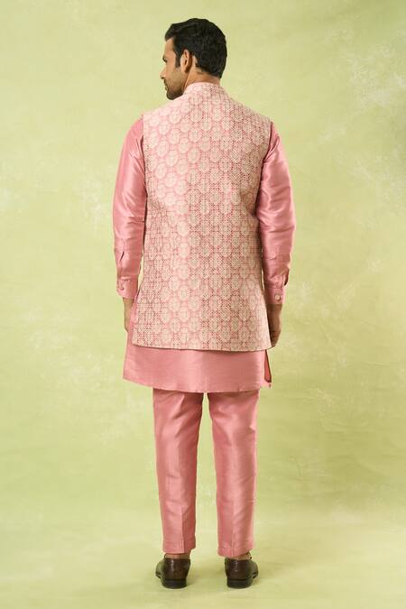Shop Arihant Rai Sinha Pink Jacquard, , Satin, Polyester Bloom Jaal Woven Bundi Kurta Set at Aza Fashions Shop_Arihant Rai Sinha_Pink Jacquard, , Satin, Polyester Bloom Jaal Woven Bundi Kurta Set_at_Aza_Fashions