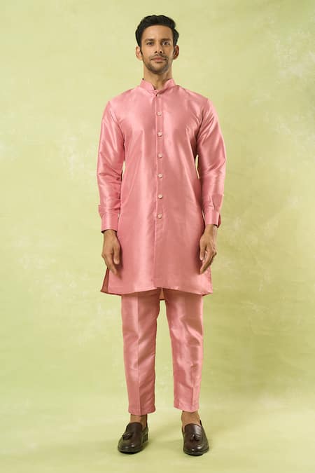Shop Arihant Rai Sinha Pink Jacquard, , Satin, Polyester Bloom Jaal Woven Bundi Kurta Set Online at Aza Fashions Shop_Arihant Rai Sinha_Pink Jacquard, , Satin, Polyester Bloom Jaal Woven Bundi Kurta Set_Online_at_Aza_Fashions