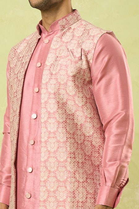 Arihant Rai Sinha Pink Jacquard, , Satin, Polyester Bloom Jaal Woven Bundi Kurta Set at Aza Fashions Arihant Rai Sinha_Pink Jacquard, , Satin, Polyester Bloom Jaal Woven Bundi Kurta Set_at_Aza_Fashions