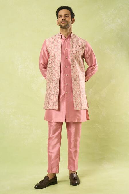 Buy Arihant Rai Sinha Pink Jacquard, , Satin, Polyester Bloom Jaal Woven Bundi Kurta Set Buy_Arihant Rai Sinha_Pink Jacquard, , Satin, Polyester Bloom Jaal Woven Bundi Kurta Set