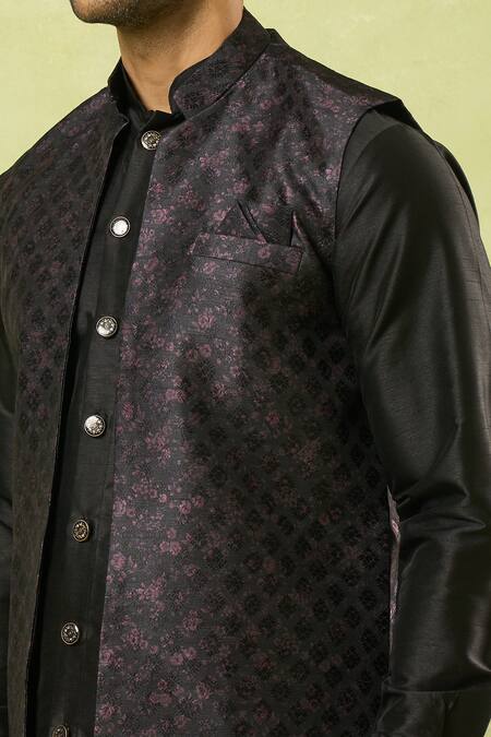 Arihant Rai Sinha_Black Jacquard, Silk Crest Jaal Woven Bundi Kurta Set_Online_at_Aza_Fashions