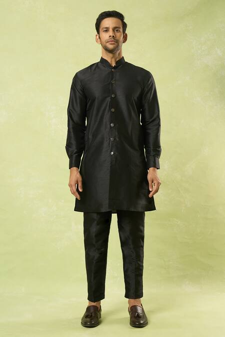 Buy_Arihant Rai Sinha_Black Jacquard, Silk Crest Jaal Woven Bundi Kurta Set_Online_at_Aza_Fashions