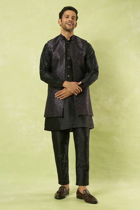 Shop_Arihant Rai Sinha_Black Jacquard, Silk Crest Jaal Woven Bundi Kurta Set_Online_at_Aza_Fashions