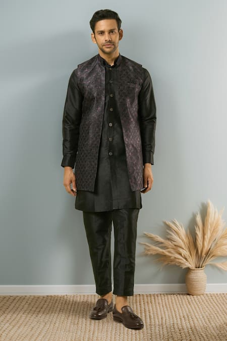 Arihant Rai Sinha Black Jacquard, Silk Crest Jaal Woven Bundi Kurta Set 