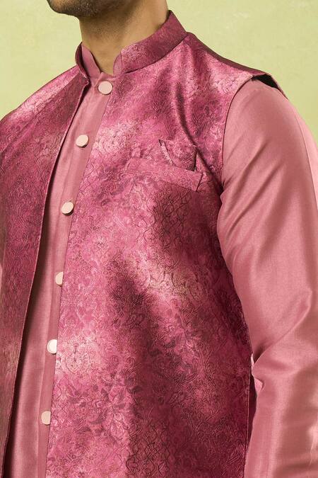 Arihant Rai Sinha_Pink Jacquard, , Satin Embroidery Woven Acanthus Bloom Bundi Kurta Set_Online_at_Aza_Fashions