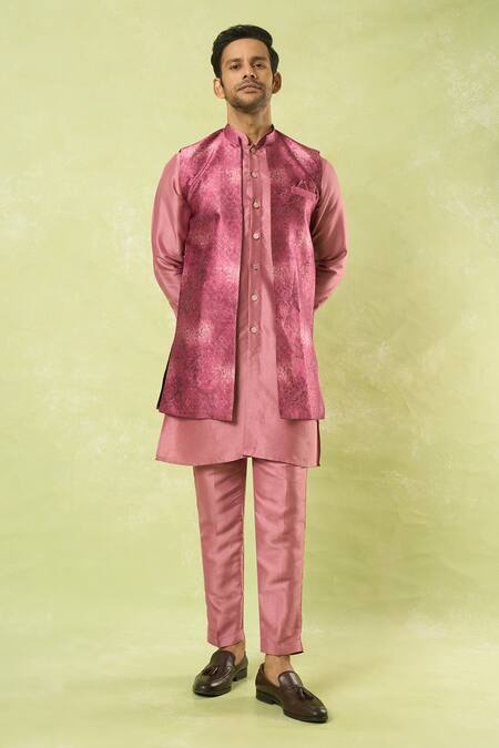 Buy_Arihant Rai Sinha_Pink Jacquard, , Satin Embroidery Woven Acanthus Bloom Bundi Kurta Set_Online_at_Aza_Fashions