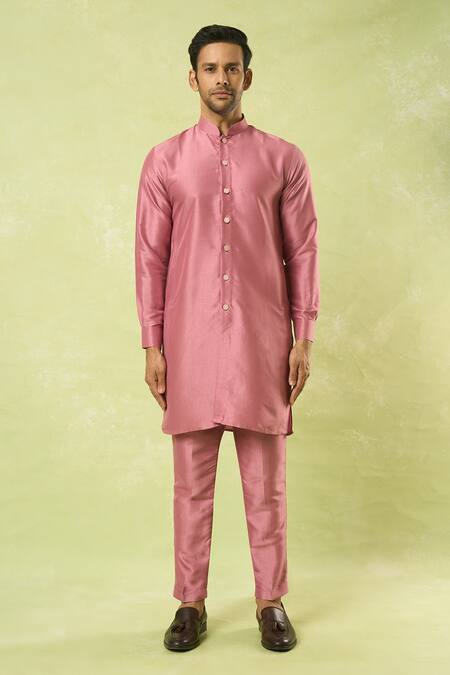 Arihant Rai Sinha_Pink Jacquard, , Satin Embroidery Woven Acanthus Bloom Bundi Kurta Set_at_Aza_Fashions