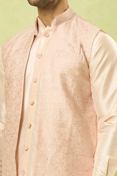 Arihant Rai Sinha Cream Jacquard, , Satin Woven Acanthus Blossom Bundi Kurta Set Online at Aza Fashions Arihant Rai Sinha_Cream Jacquard, , Satin Woven Acanthus Blossom Bundi Kurta Set_Online_at_Aza_Fashions