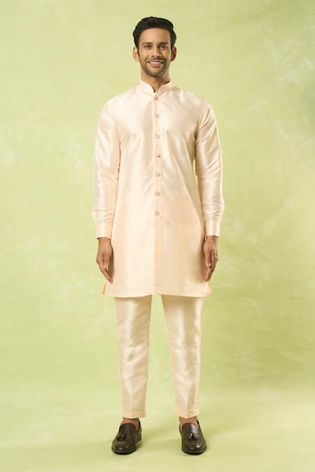 Shop Arihant Rai Sinha Cream Jacquard, , Satin Woven Acanthus Blossom Bundi Kurta Set Online at Aza Fashions Shop_Arihant Rai Sinha_Cream Jacquard, , Satin Woven Acanthus Blossom Bundi Kurta Set_Online_at_Aza_Fashions