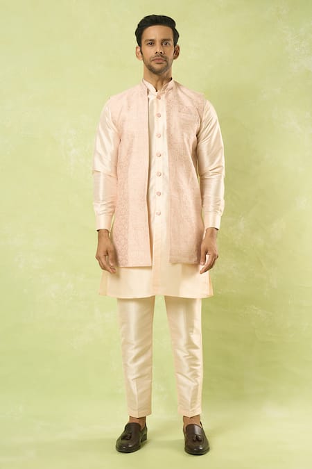 Arihant Rai Sinha Cream Jacquard, , Satin Woven Acanthus Blossom Bundi Kurta Set at Aza Fashions Arihant Rai Sinha_Cream Jacquard, , Satin Woven Acanthus Blossom Bundi Kurta Set_at_Aza_Fashions