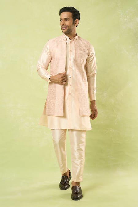 Buy Arihant Rai Sinha Cream Jacquard, , Satin Woven Acanthus Blossom Bundi Kurta Set Buy_Arihant Rai Sinha_Cream Jacquard, , Satin Woven Acanthus Blossom Bundi Kurta Set