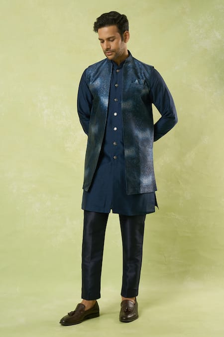 Buy_Arihant Rai Sinha_Blue Jacquard, Silk Embroidery Acanthus Flora Woven Bundi Kurta Set _Online_at_Aza_Fashions