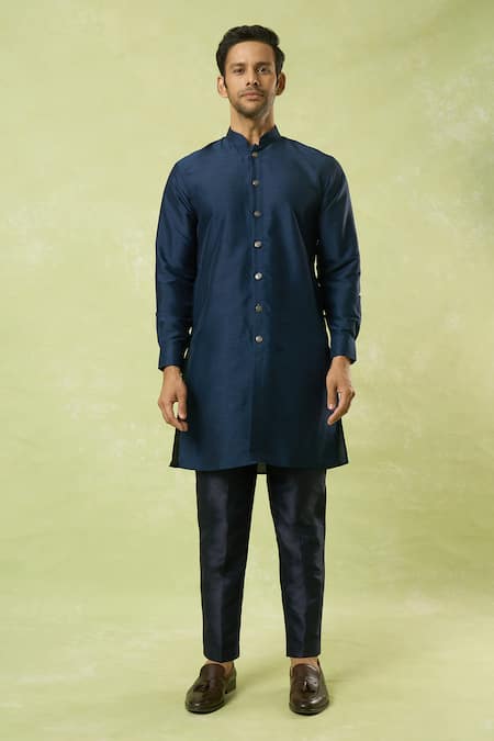 Shop_Arihant Rai Sinha_Blue Jacquard, Silk Embroidery Acanthus Flora Woven Bundi Kurta Set _Online_at_Aza_Fashions