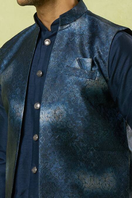 Arihant Rai Sinha_Blue Jacquard, Silk Embroidery Acanthus Flora Woven Bundi Kurta Set _at_Aza_Fashions