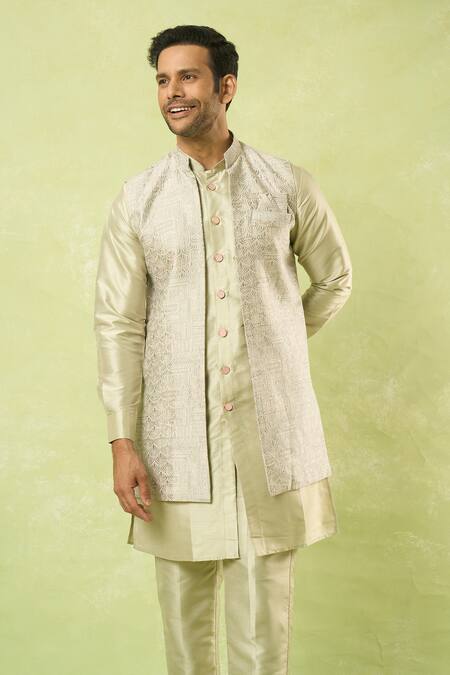 Arihant Rai Sinha Green Jacquard, , Satin Acanthus Woven Bundi Kurta Set Online at Aza Fashions Arihant Rai Sinha_Green Jacquard, , Satin Acanthus Woven Bundi Kurta Set_Online_at_Aza_Fashions