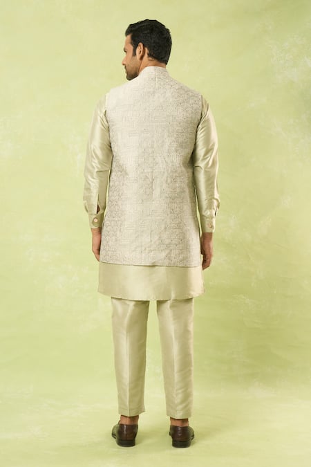 Shop Arihant Rai Sinha Green Jacquard, , Satin Acanthus Woven Bundi Kurta Set at Aza Fashions Shop_Arihant Rai Sinha_Green Jacquard, , Satin Acanthus Woven Bundi Kurta Set_at_Aza_Fashions