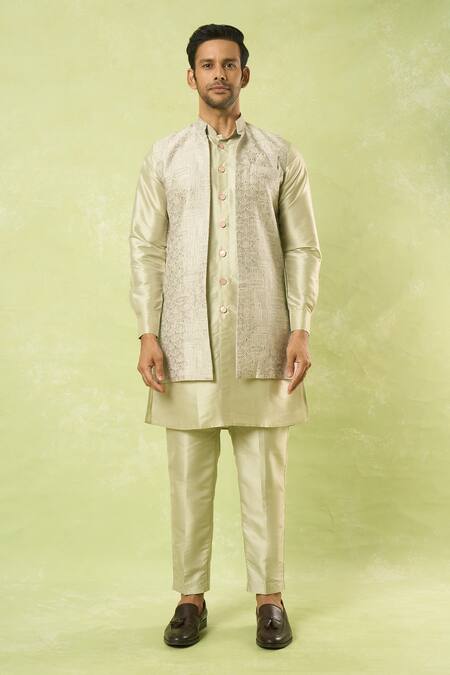 Arihant Rai Sinha Green Jacquard, , Satin Acanthus Woven Bundi Kurta Set at Aza Fashions Arihant Rai Sinha_Green Jacquard, , Satin Acanthus Woven Bundi Kurta Set_at_Aza_Fashions