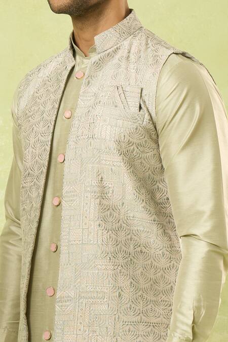 Buy Arihant Rai Sinha Green Jacquard, , Satin Acanthus Woven Bundi Kurta Set Buy_Arihant Rai Sinha_Green Jacquard, , Satin Acanthus Woven Bundi Kurta Set