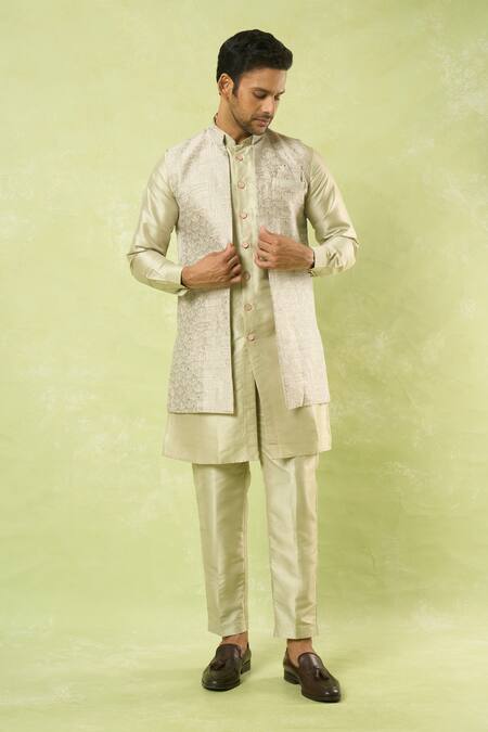 Shop Arihant Rai Sinha Green Jacquard, , Satin Acanthus Woven Bundi Kurta Set Shop_Arihant Rai Sinha_Green Jacquard, , Satin Acanthus Woven Bundi Kurta Set