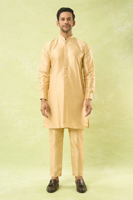 Arihant Rai Sinha_Gold Jacquard, , Satin Bahar Print Bundi Kurta Set _Online_at_Aza_Fashions