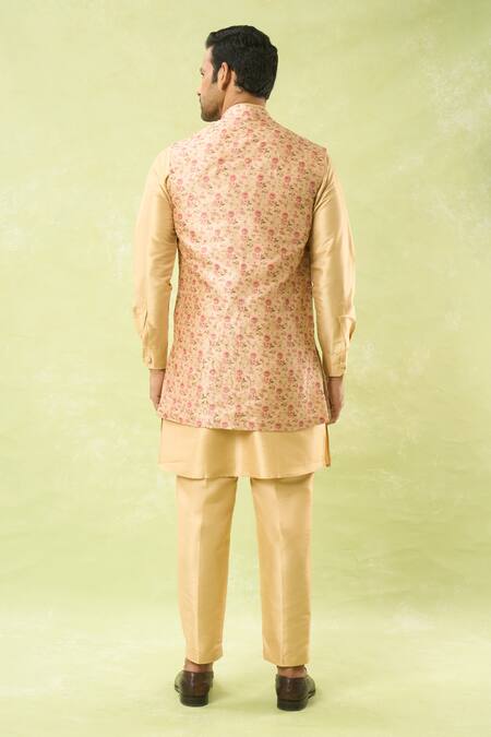 Shop_Arihant Rai Sinha_Gold Jacquard, , Satin Bahar Print Bundi Kurta Set _at_Aza_Fashions
