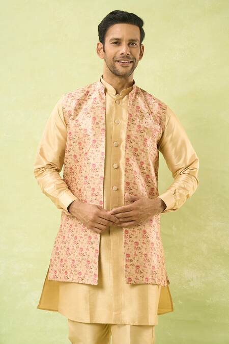 Buy_Arihant Rai Sinha_Gold Jacquard, , Satin Bahar Print Bundi Kurta Set _Online_at_Aza_Fashions