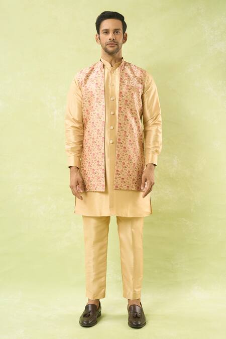 Arihant Rai Sinha_Gold Jacquard, , Satin Bahar Print Bundi Kurta Set _at_Aza_Fashions