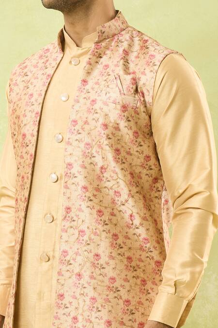 Buy_Arihant Rai Sinha_Gold Jacquard, , Satin Bahar Print Bundi Kurta Set 