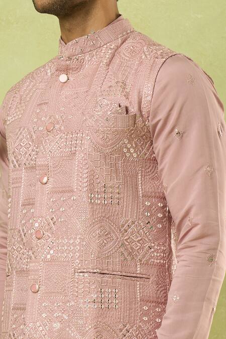 Arihant Rai Sinha_Pink Viscose Sequins, Mirrors, Embroidery Bundi Kurta Set_Online_at_Aza_Fashions