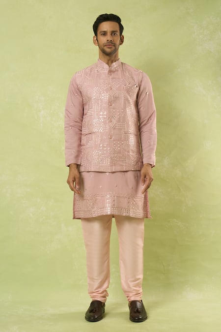 Buy_Arihant Rai Sinha_Pink Viscose Sequins, Mirrors, Embroidery Bundi Kurta Set_Online_at_Aza_Fashions