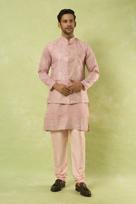 Shop_Arihant Rai Sinha_Pink Viscose Sequins, Mirrors, Embroidery Bundi Kurta Set_Online_at_Aza_Fashions
